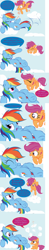 Size: 896x4541 | Tagged: safe, artist:frist44, derpibooru import, rainbow dash, scootaloo, pegasus, pony, cheerilee-s-chalkboard, cloud, cloudy, comic, cute, cutealoo, fluffy, flying, scootacurse, speech bubble, tickets, tumblr, wink, wonderbolts