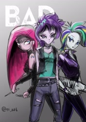 Size: 2893x4092 | Tagged: safe, artist:oberon826, pinkie pie, rarity, starlight glimmer, equestria girls, alternate hairstyle, clothes, female, jacket, jeans, leather jacket, pants, pinkamena diane pie, punk, raripunk, trio