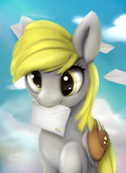 Size: 822x1125 | Tagged: safe, artist:rodrigues404, derpy hooves, pegasus, pony, cute, female, letter, mail, mailbag, mailmare, mare, mouth hold, saddle bag, solo