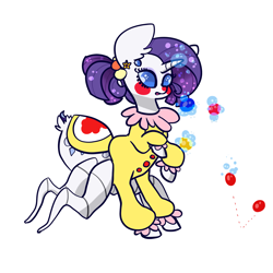 Size: 1280x1280 | Tagged: safe, artist:otterlore, rarity, monster pony, original species, parasprite, spider, spiderpony, clothes, clown, costume, halloween, juggling, makeup, nightmare night, rarirachnid, simple background, solo, species swap, spiderponyrarity, tumblr