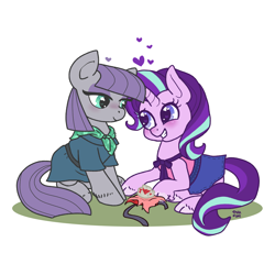 Size: 2800x2800 | Tagged: safe, artist:otterlore, maud pie, starlight glimmer, earth pony, pony, unicorn, blushing, clothes, cloven hooves, cute, dress, female, glimmerbetes, heart, lesbian, mare, maudabetes, scarf, shipping, smiling, starmaud