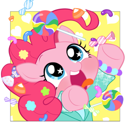 Size: 1189x1188 | Tagged: safe, artist:momo, pinkie pie, earth pony, pony, askharajukupinkiepie, candy, clothes, cute, diapinkes, happy, harajuku, heart, open mouth, out of frame, pixiv, smiling, solo, starry eyes, tongue out, wingding eyes