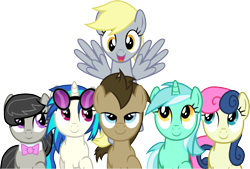 Size: 7041x4761 | Tagged: safe, artist:firestorm-can, bon bon, derpy hooves, dj pon-3, doctor whooves, lyra heartstrings, octavia melody, sweetie drops, vinyl scratch, earth pony, pegasus, pony, unicorn, absurd resolution, background pony, background six, bowtie, female, hooves, horn, male, mare, open mouth, simple background, smiling, spread wings, stallion, sunglasses, transparent background, vector, wings