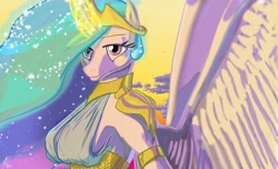 Size: 1280x776 | Tagged: safe, artist:threewontoo, princess celestia, anthro, armpits, breasts, clothes, female, looking at you, magic, praise the sun, sideboob, smiling, solo, spread wings