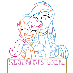 Size: 800x800 | Tagged: safe, artist:wryte, derpibooru import, rainbow dash, scootaloo, pegasus, pony, sisterhooves social, best sisters, hilarious in hindsight, hug, lineart, medal, newbie artist training grounds, noogie, scootalove, smiling, winghug