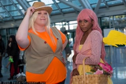 Size: 2048x1365 | Tagged: safe, applejack, fluttershy, human, comikaze expo, convention, cosplay, irl, irl human, photo