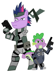 Size: 1081x1417 | Tagged: safe, artist:jewelsfriend, derpibooru import, spike, twilight sparkle, dragon, pony, bandana, bipedal, crossover, gun, konami, metal gear, no trigger discipline, raiden, simple background, solid snake, stealth suit, sword, transparent background