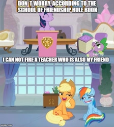 Size: 500x559 | Tagged: safe, derpibooru import, edit, edited screencap, screencap, applejack, rainbow dash, spike, twilight sparkle, twilight sparkle (alicorn), alicorn, dragon, earth pony, pegasus, pony, non-compete clause, book, cronyism, fireplace, nepotism, sofa