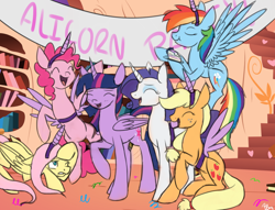 Size: 980x750 | Tagged: safe, artist:bluebrush09, derpibooru import, applejack, fluttershy, pinkie pie, rainbow dash, rarity, twilight sparkle, twilight sparkle (alicorn), alicorn, earth pony, pegasus, pony, unicorn, :t, alicorn party, banner, bipedal, cake, eating, eyes closed, fake horn, fake wings, female, flying, frown, gritted teeth, mane six, mare, open mouth, raised hoof, smiling, wink
