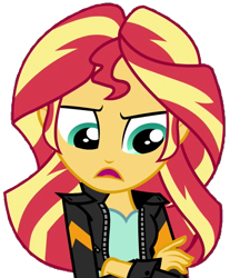 Size: 561x677 | Tagged: safe, artist:fella, sunset shimmer, equestria girls, friendship games, clothes, female, jacket, leather jacket, looking down, simple background, solo, talking, transparent background