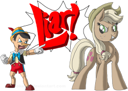 Size: 3508x2480 | Tagged: safe, artist:crispokefan, applejack, earth pony, pony, ace attorney, crossover, discorded, liarjack, objection, pinocchio, pot calling the kettle black, simple background, transparent background