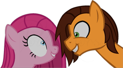 Size: 1229x680 | Tagged: dead source, safe, artist:poikahorse, cheese sandwich, pinkie pie, earth pony, pony, cheesamena, cheesepie, eye contact, female, grin, looking at each other, male, pinkamena diane pie, shipping, simple background, smiling, straight, transparent background, wide eyes