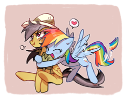 Size: 560x445 | Tagged: safe, artist:baekgup, derpibooru import, daring do, rainbow dash, pegasus, pony, daring don't, blushing, clothes, cute, dashabetes, eyes closed, female, hat, heart, hug, mare, open mouth, scrunchy face