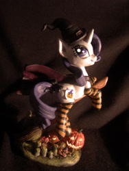 Size: 1024x1365 | Tagged: safe, artist:alexcroft1991, rarity, pony, unicorn, broom, clothes, costume, craft, fake cutie mark, flying, flying broomstick, hat, jack-o-lantern, looking back, nightmare night costume, pumpkin, sculpture, smiling, socks, striped socks, witch, witch hat