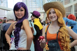 Size: 2048x1365 | Tagged: artist needed, safe, applejack, rarity, human, apple, convention, cosplay, irl, irl human, obligatory apple, overalls, photo, sakura con