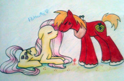 Size: 612x400 | Tagged: artist needed, safe, big macintosh, fluttershy, earth pony, pegasus, pony, fluttermac, male, shipping, stallion, straight, traditional art