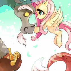 Size: 500x500 | Tagged: source needed, useless source url, safe, artist:pasikon, discord, fluttershy, draconequus, pegasus, pony, discoshy, female, flying, looking at each other, male, mare, pixiv, shipping, smiling, straight