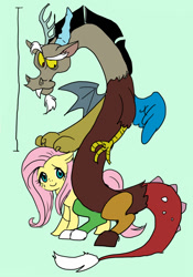 Size: 587x840 | Tagged: safe, artist:pasikon, discord, fluttershy, pegasus, pony, discoshy, female, male, pixiv, shipping, size difference, straight