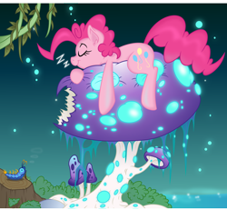 Size: 5000x4620 | Tagged: safe, artist:dfectivedvice, artist:spier17, pinkie pie, caterpillar, earth pony, insect, pony, absurd resolution, alice in wonderland, colored, crossover, giant mushroom, glow, mushroom, prone, size difference, sleeping, solo