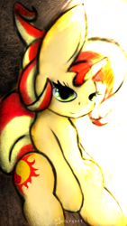 Size: 640x1136 | Tagged: safe, artist:wolfkrft, sunset shimmer, pony, unicorn, backwards cutie mark, female, looking at you, mare, sitting, solo, sun, sunset shimmer day, sunshine shimmer