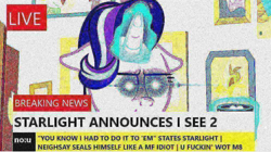 Size: 874x491 | Tagged: safe, edit, edited screencap, screencap, chancellor neighsay, starlight glimmer, pony, unicorn, marks for effort, breaking news, dank memes, deep fried meme, deep fried news, exploitable meme, glowing eyes, glowing eyes meme, i mean i see, meme, no u, u wot m8, vulgar