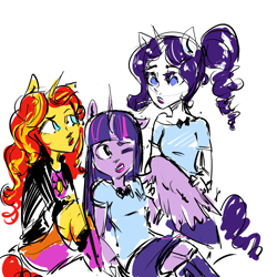 Size: 1000x1000 | Tagged: safe, artist:puffpink, rarity, sunset shimmer, twilight sparkle, twilight sparkle (alicorn), alicorn, equestria girls, alternate hairstyle, female, horn, horned humanization, jealous, lesbian, one eye closed, ponied up, ponytail, rarilight, shipping, sitting, sunsetsparkle