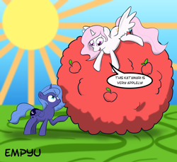 Size: 1000x915 | Tagged: safe, artist:empyu, princess celestia, princess luna, alicorn, pony, 45 minute art challenge, apple, cewestia, cute, filly, katamari damacy, woona