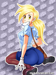 Size: 608x803 | Tagged: safe, artist:chiok, derpy hooves, human, clothes, humanized, letter, looking back, mailbag, mailmare, mouth hold, solo, uniform