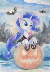 Size: 719x1024 | Tagged: safe, artist:cannibalus, rarity, bat, pony, unicorn, clothes, costume, jack-o-lantern, nightmare night, pumpkin, solo, traditional art, watercolor painting