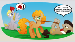Size: 1366x768 | Tagged: safe, artist:lissystrata, derpy hooves, doctor whooves, pony, bowtie, crossover, doctor who, eleventh doctor, fez, hat, lasso, mouth hold, ponified, river song, rope, tied up