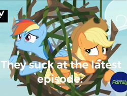 Size: 1867x1413 | Tagged: safe, derpibooru import, edit, edited screencap, screencap, applejack, rainbow dash, earth pony, pegasus, pony, non-compete clause, abuse, cropped, dashabuse, jackabuse, non-compete clause drama, op is a cuck, op is trying to start shit