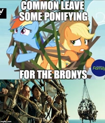 Size: 500x585 | Tagged: safe, derpibooru import, edit, edited screencap, screencap, applejack, rainbow dash, earth pony, pegasus, pony, non-compete clause, discovery family logo, logo, misspelling, pirates of the caribbean, vine