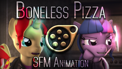 Size: 1920x1080 | Tagged: safe, artist:imafutureguitarhero, sci-twi, sunset shimmer, twilight sparkle, twilight sparkle (alicorn), alicorn, 3d, animated, boneless pizza, clothes, duo, food, hoodie, jacket, leather jacket, magic, meme, phone, pizza, scitwilicorn, source filmmaker, text, thumbnail, video at source, vulgar, youtube link