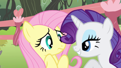 Size: 1920x1080 | Tagged: safe, screencap, fluttershy, rarity, pegasus, pony, unicorn, filli vanilli, grin, lidded eyes, out of context