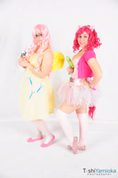 Size: 1275x1920 | Tagged: safe, artist:desertfawn, artist:thewalkingdomi, artist:toshiyamioka, fluttershy, gummy, pinkie pie, human, 2014, clothes, cosplay, dress, glasses, irl, irl human, photo, plushie, skirt, tail, taiyou con, tutu