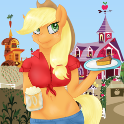 Size: 4000x4000 | Tagged: safe, artist:lisa400, applejack, anthro, applerack, belly button, breasts, cider, female, front knot midriff, midriff, pie, solo, sweet apple acres