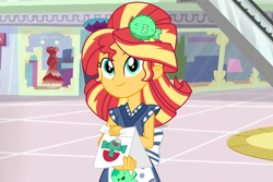 Size: 6000x4000 | Tagged: safe, artist:spottedlions, sunset shimmer, eqg summertime shorts, equestria girls, good vibes, absurd resolution, alternate hairstyle, apron, bag, canterlot mall, clothes, cute, dress, female, happi, indoors, puffer fish, shimmerbetes, smiling, solo, sunset sushi, uniform