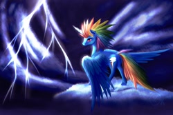 Size: 1095x730 | Tagged: safe, artist:xormak, derpibooru import, rainbow dash, alicorn, pony, alicornified, alternate hairstyle, bedroom eyes, cloud, cloudy, featured on derpibooru, glowing horn, grin, lightning, looking at you, looking back, plot, race swap, radical, rainbowcorn, realistic, smiling, solo, spread wings, storm, stormcloud