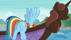 Size: 1920x1080 | Tagged: safe, derpibooru import, screencap, rainbow dash, pegasus, pony, non-compete clause, boat, discovery family logo, female, figurehead, lifejacket, mare, plot, river, solo, tree