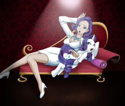 Size: 2686x2286 | Tagged: safe, artist:somedaysakuhin, rarity, human, pony, cleavage, clothes, crying, drama queen, eyeshadow, female, high heels, human ponidox, humanized, jewelry, looking at you, makeup, marshmelodrama, nail polish, necklace, open mouth, self ponidox, shoes, snuggling, sofa