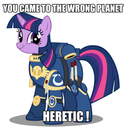 Size: 1000x1008 | Tagged: safe, artist:a4r91n, derpibooru import, twilight sparkle, pony, armor, crossover, happy, heresy, i made a thing, image macro, meme, purity seal, smiling, solo, space marine, spess mahreen, twiface, ultramarine, warhammer (game), warhammer 40k, wrong neighborhood