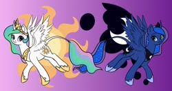 Size: 1500x800 | Tagged: safe, artist:honiibree, princess celestia, princess luna, alicorn, pony, curved horn, cutie mark