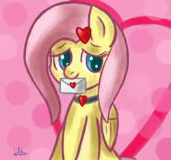 Size: 1280x1200 | Tagged: safe, artist:wolfy-pony, fluttershy, pegasus, pony, blushing, heart, letter, solo, valentine