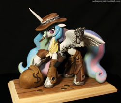 Size: 1500x1279 | Tagged: safe, artist:aplexpony, artist:slugbox, princess celestia, alicorn, pony, bag, cigar, clothes, coin, cowgirl, craft, gun, hat, looking at you, magic, money, raised hoof, revolver, sculpture, solo, spread wings, telekinesis, western, wild westia, wing hold