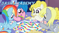 Size: 714x402 | Tagged: safe, artist:sorcerushorserus, derpy hooves, firefly, rainbow dash, surprise, pegasus, pony, comic:dash academy, g1, board game, card, female, g1 to g4, game, generation leap, mare, popcorn