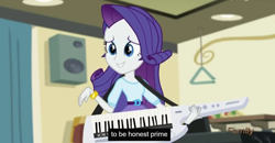 Size: 1600x830 | Tagged: safe, screencap, rarity, equestria girls, rainbow rocks, discovery family, discovery family logo, keytar, meme, musical instrument, youtube caption