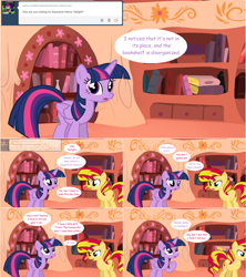 Size: 1284x1444 | Tagged: safe, artist:hakunohamikage, sunset shimmer, twilight sparkle, twilight sparkle (alicorn), alicorn, pony, ask, ask-princesssparkle, comic, golden oaks library, tumblr