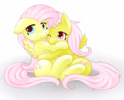 Size: 2820x2276 | Tagged: safe, artist:bubble kitten17, fluttershy, bat pony, pony, biting, consensual vampirism, cute, duality, fangs, floppy ears, flutterbat, hug, looking at you, nom, nuzzling, race swap, self ponidox, shyabetes, smiling, underhoof, wink