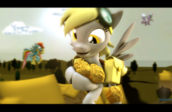 Size: 1280x837 | Tagged: safe, artist:moonight118, cloudchaser, derpy hooves, flitter, fluttershy, rainbow dash, pegasus, pony, 3d, building, cloud, cloudy, female, floating, flying, goggles, mare, muffin, saddle bag, source filmmaker, wonderbolt trainee uniform