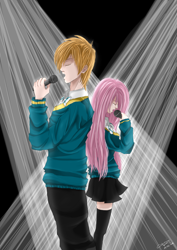 Size: 2480x3507 | Tagged: safe, artist:jenyeongi, big macintosh, fluttershy, human, filli vanilli, clothes, female, fluttermac, humanized, light skin, male, shipping, singing, straight, sweater, sweatershy